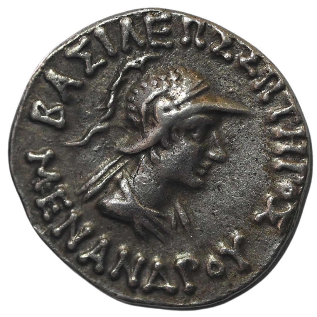 Indo-Greeks, Menander I Soter Silver Drachm - Helmeted Bust Type